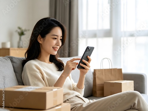 Happy woman using smartphone for online shopping at home with parcels