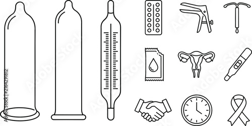 Foto Contraception and reproductive health vector line icon set with condom thermomet