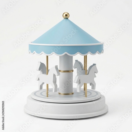 Decorative carousel music box with blue roof and white horses  