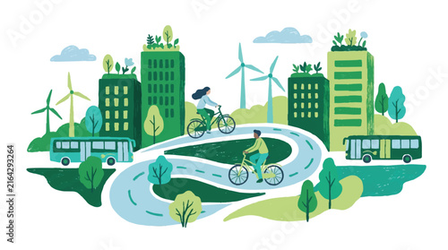Canvastavla Eco friendly green smart city with bicycle path wind turbines and green roof bui
