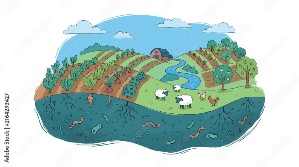 Naklejka premium Regenerative organic agriculture farm landscape with soil biodiversity and livestock illustration