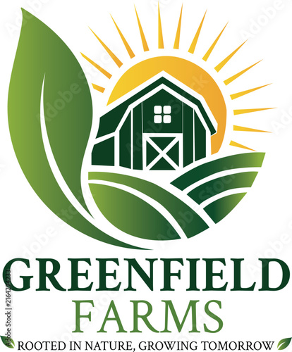 Bild auf Leinwand For greenfield farms featuring a green barn, rolling hills, and a yellow sunburs