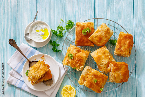 Savory ground meat filo pastry pie, top view