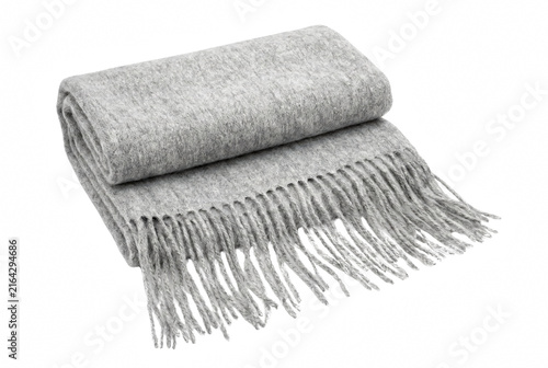 Fotografie Elegant Folded Grey Wool Throw Blanket with Decorative Fringe