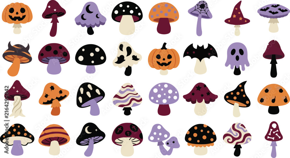 Fototapeta premium Halloween Mushroom Icons, Spooky Fungi Set, Halloween Symbols, Witch Cap Vector Collection for Badge, Logo, Patch, Tag, UI, App Design, Clothing, Print, 34 Creative Elements vector eps