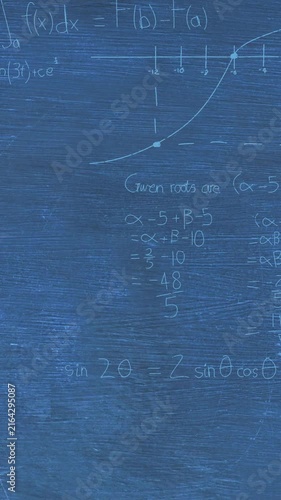 Animation of layers of mathematical formulae and equations over blue chalkboard