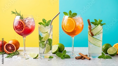 Refreshing Summer Cocktails And Cold Mixed Drinks Arranged On A