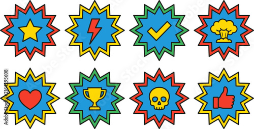 Retro comic book burst stickers, 8 colorful pop art starburst icons, vintage superhero speech bubble badges for gaming and marketing