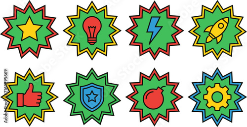 Retro comic burst stickers, set of 8 colorful pop art icons, vintage starburst badges for marketing and gamification