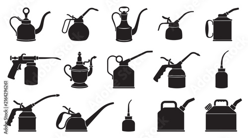 Vintage Oil Can and Manual Oiler Silhouette Vector Set