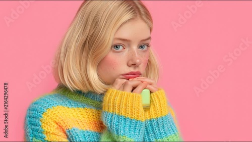A young woman with blonde hair and freckles poses against a pink background, wearing a colorful striped sweater and holding a.