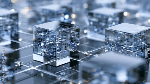 Obraz na płótnie Transparent cubic structures form a network with reflective surfaces
