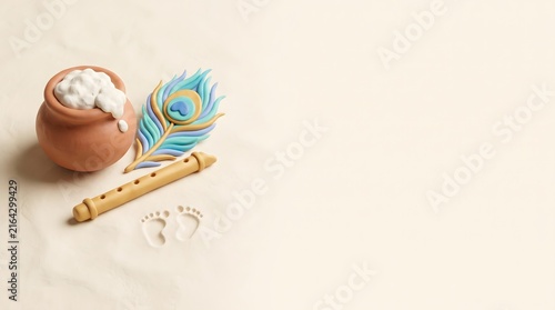Krishna janmashtami celebration background with flute with janmashtami with pot decorative peacock
