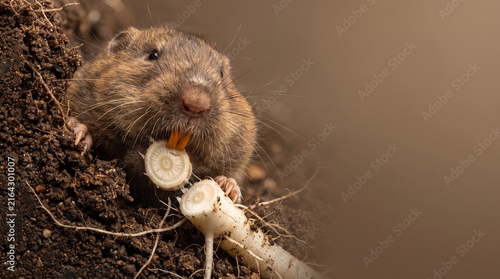 Naklejka premium Close Up Of A Wild Vole Eating A White Root Vegetable In Brown Soil