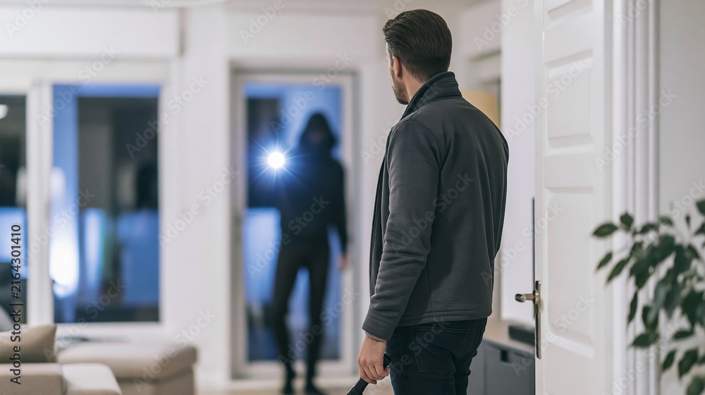 Fototapeta premium Man faces a shadowy intruder brandishing a flashlight amid a nighttime home burglary, underscoring issues of crime and security