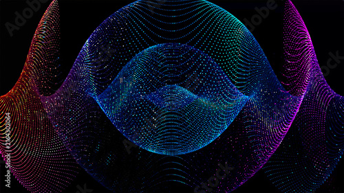 Vibrant decorative abstract composition made of thousands of tiny glowing particles in blue, red, pink, and purple hues, forming flowing wave-like geometric shapes on a black background. 