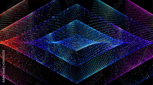 Vibrant decorative abstract composition made of thousands of tiny glowing particles in blue, red, pink, and purple hues, forming flowing wave-like geometric shapes on a black background. 