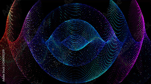 Vibrant decorative abstract composition made of thousands of tiny glowing particles in blue, red, pink, and purple hues, forming flowing wave-like geometric shapes on a black background. 
