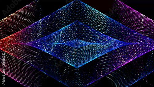 Vibrant decorative abstract composition made of thousands of tiny glowing particles in blue, red, pink, and purple hues, forming flowing wave-like geometric shapes on a black background. 