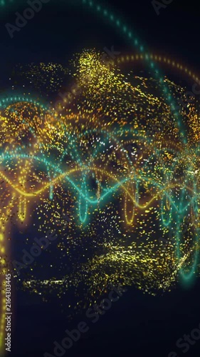 Animation of digital network of connections over gold specks of light on black background