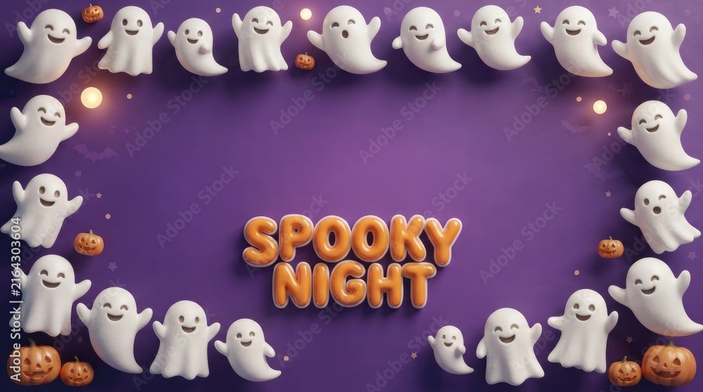 Fototapeta premium Halloween spooky night ghostly white masks hanging on purple wall with text sign halloween decorations seasonal illuminated lighting celebration atmosphere festivity