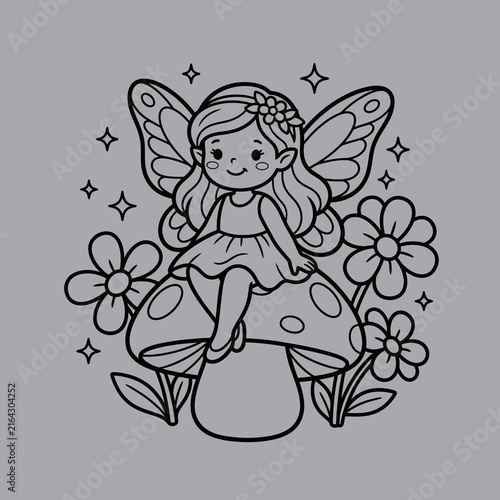 Cute Fairy Sitting on Magical Mushroom Art And Illustration