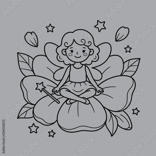 Cheerful Fairy Sitting Inside Giant Flower Art And Illustration