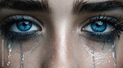 close up of a teary blue eye with smeared makeup and emotional expression