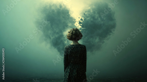woman facing a giant broken heart made of smoke and clouds illustration