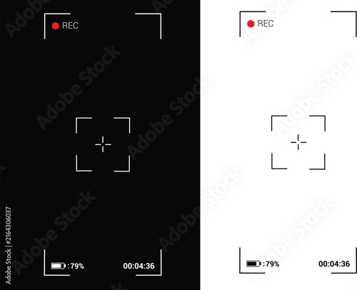Video camera interface set with REC indicator focus reticle and battery display