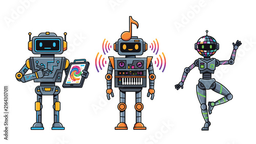Three cartoon robots with different functions: one using a tablet, one playing music, and one dancing with a disco ball head.