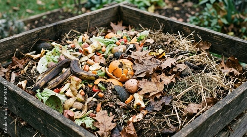 Wooden compost bin filled with decomposing organic kitchen scraps. Mixture of food waste, dry leaves, and grass clippings for garden fertilizer