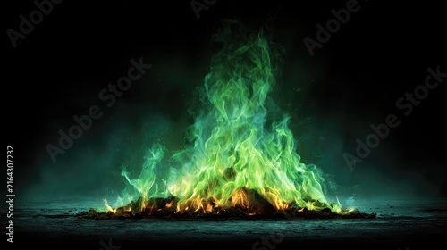green burning fire flames on dark background illustration