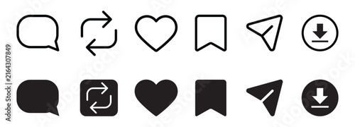 Social media post engagement icon set with like comment repost share save and download symbols for UI interface vector