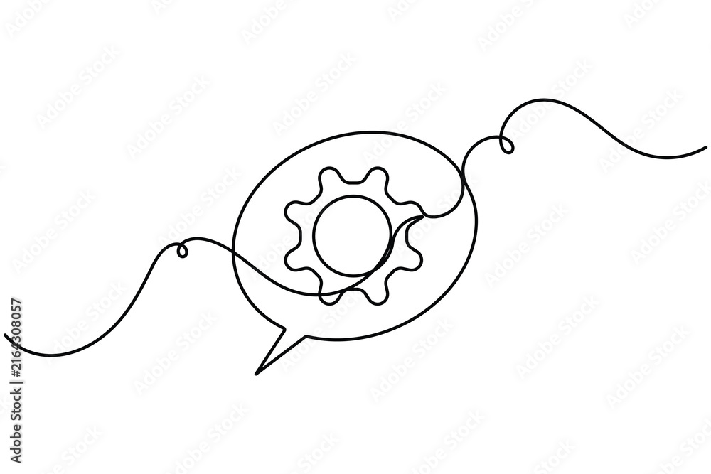 Obraz premium Communication gear in speech bubble sign continuous one line drawing on white background minimalist single art technology feedback for message and comment symbol editable outline vector illustration