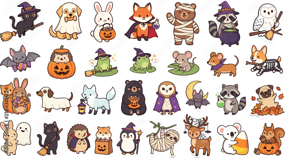 Naklejka premium Halloween animal characters in costumes with pumpkins witches and spooky seasonal elements