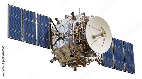 Fotografía Modern space satellite with deployed solar panels and dish antenna, isolated transparent PNG cutout element for telecommunications design