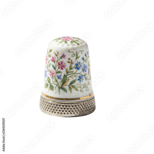 Delicate Floral Porcelain Thimble with Metal Rim