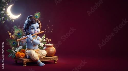 Little krishna playing flute for janmashtami festival celebration background with baby lord