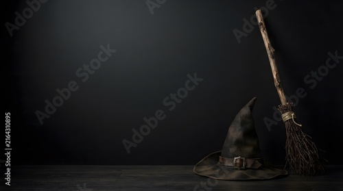 A dark moody still life composition featuring a human skull and a vintage quill pen on a wooden table