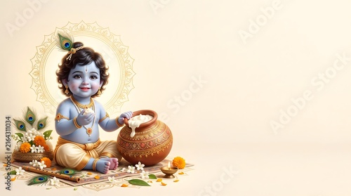 Little krishna janmashtami celebration greeting card with butter pot with against soft decorative