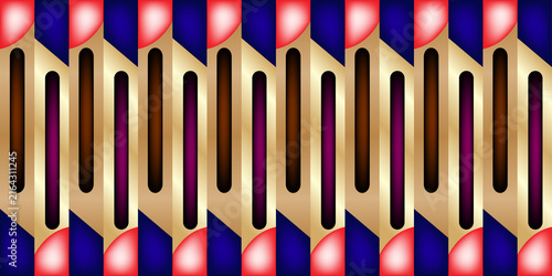 Ornate metallic gold and blue geometric background with red oval accents for festive design.