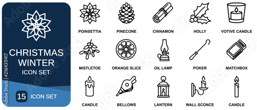 Obraz na płótnie Winter holiday icon set features flat line drawings of seasonal objects and deco