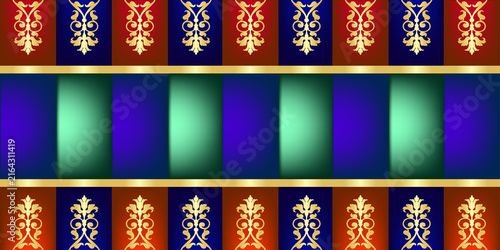 Seamless decorative border pattern featuring golden ornate filigree elements on blue and red backdrop for regal interior.