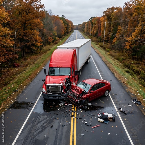High-impact highway collision between a red semi-truck and red sedan with deployed airbags on wet pavement.