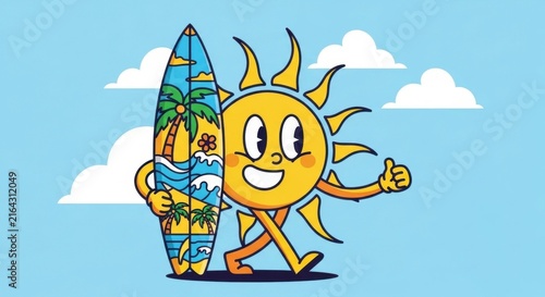summer fun sun character holding surfboard under blue sky