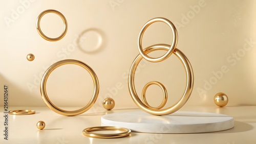 Floating golden rings and spheres arranged in modern abstract composition design