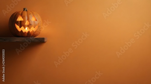Illuminated jack o lantern on a wooden surface with a warm orange background