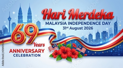 Hari Merdeka Malaysia Independence Day 31st August 2026 69 Years Anniversary ribbon banner