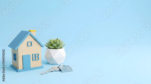 House Model with Succulent and Keys on Blue Background